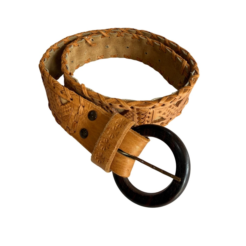 Handmade Leather Belt Women Small Tan Excellent Tooled Whipstitch Wood Buckle